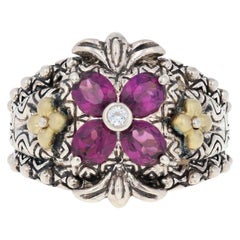 Vintage Barbara Bixby Rhodolite Garnet & White Sapphire Ring, Silver & 18k Gold Floral