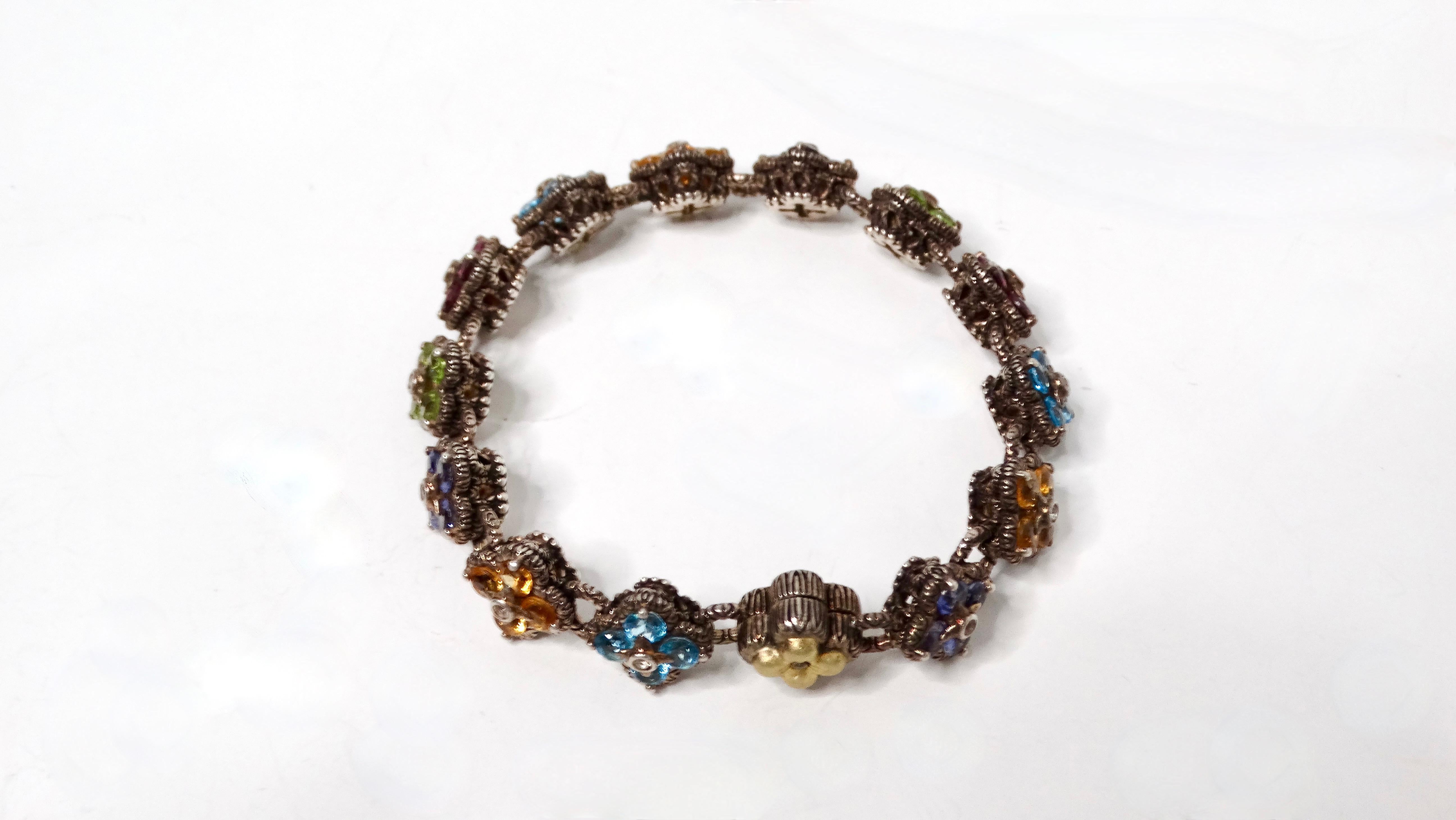 Barbara Bixby Sterling Silver & 18k Gold Gemstone Flower Bracelet In Good Condition For Sale In Scottsdale, AZ
