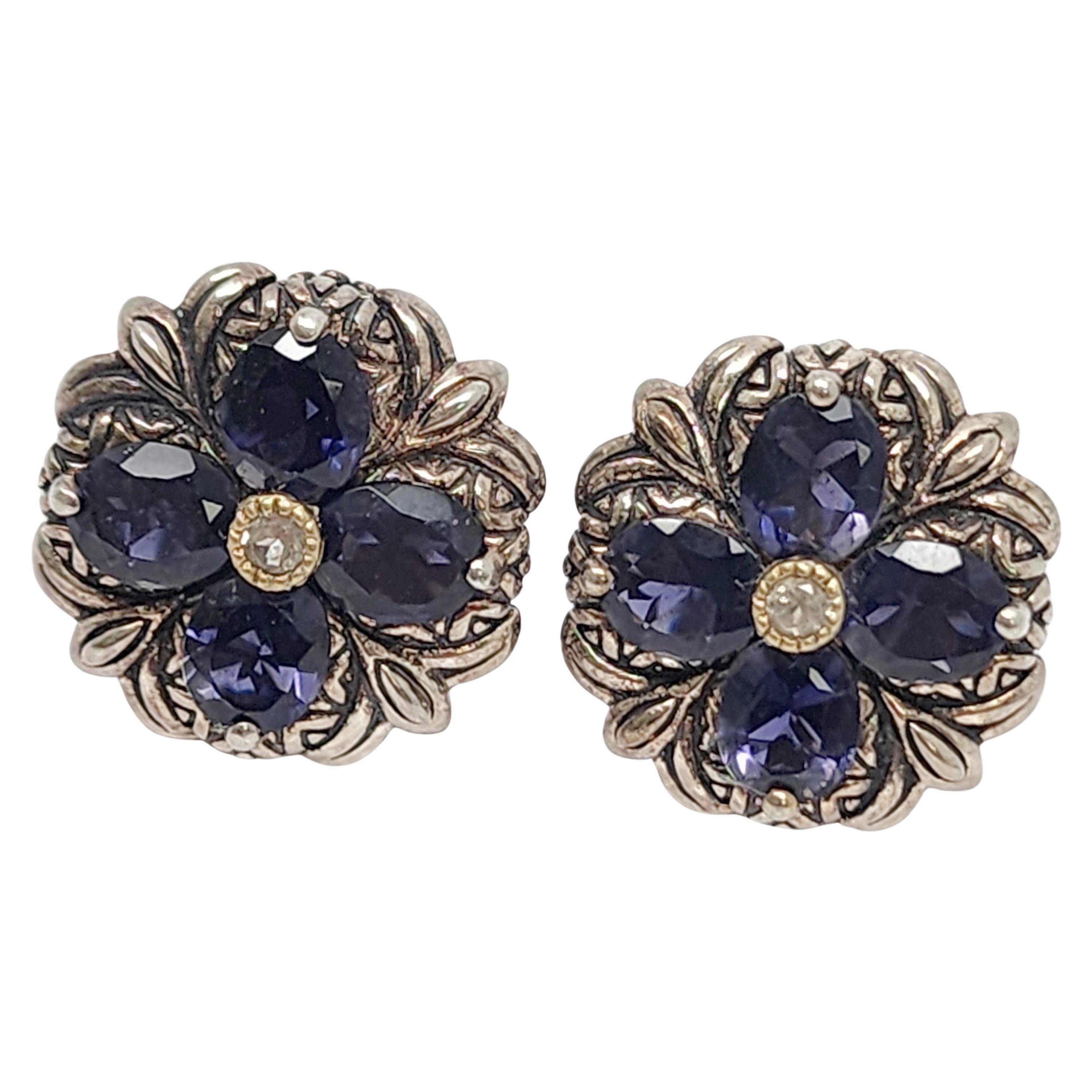Barbara Bixby Sterling Silver 18K Yellow Gold Iolite Flower Earrings #17368 1