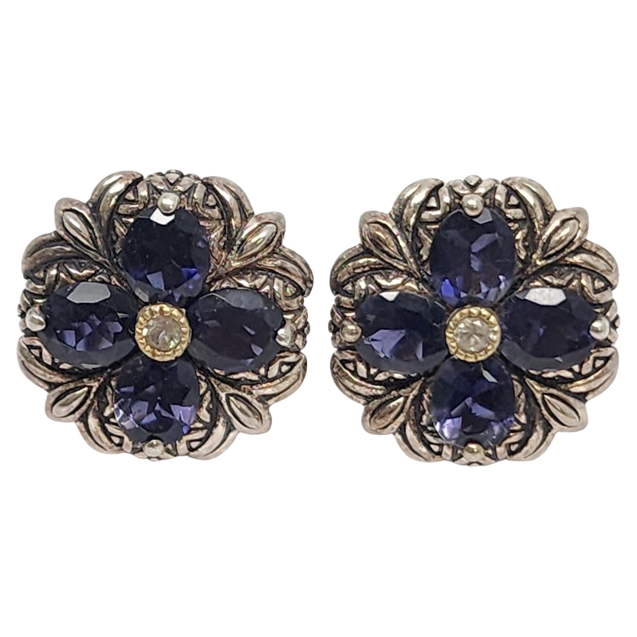 Barbara Bixby Sterling Silver 18K Yellow Gold Iolite Flower Earrings #17368