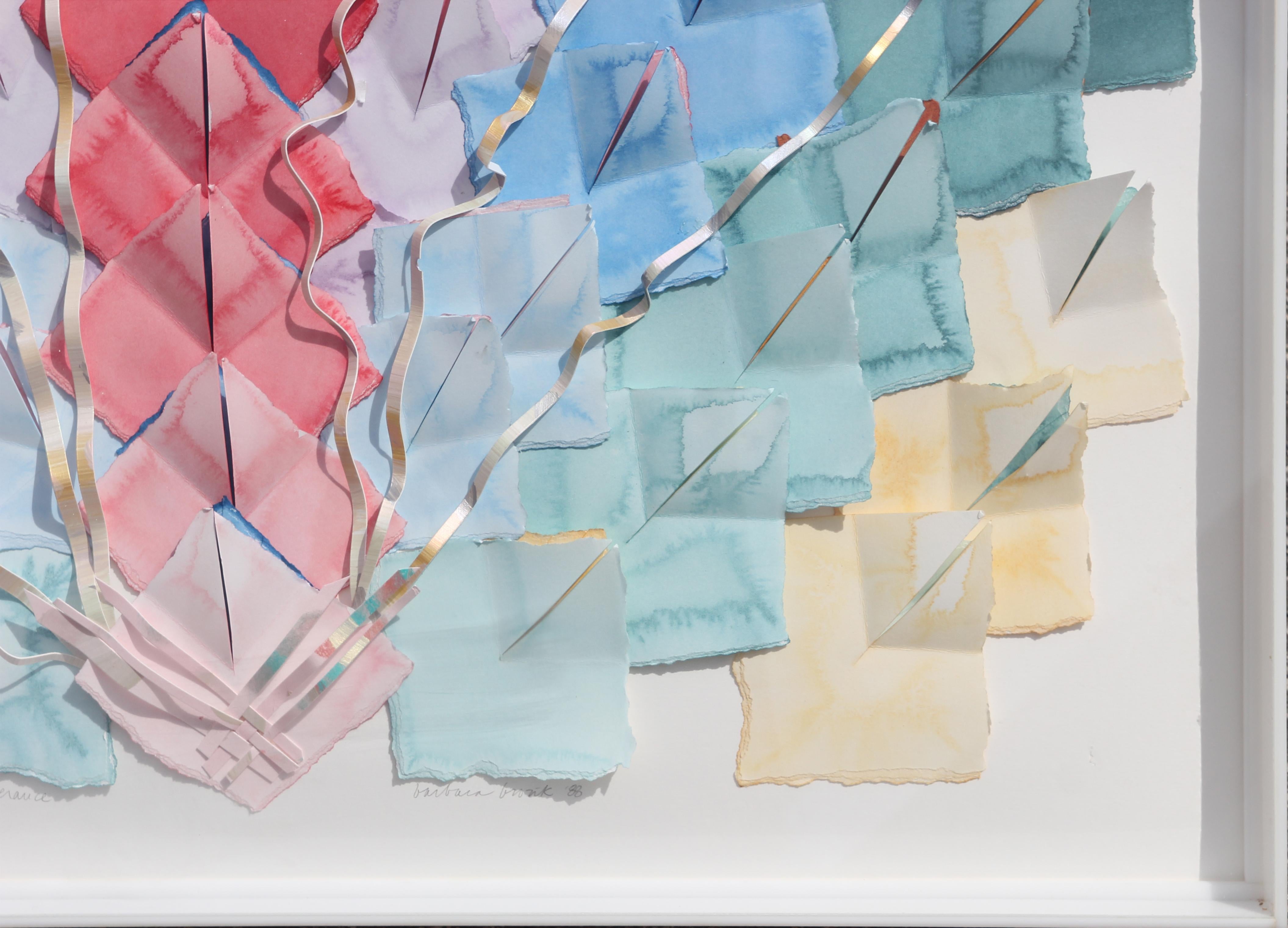 Colorful geometric origami mixed media wall sculpture utilizing paper that has been painted with watercolor and then torn to create a textured, deckled edge. Accented with metallic foil to create an extra dimension. Signed, titled, and dated along