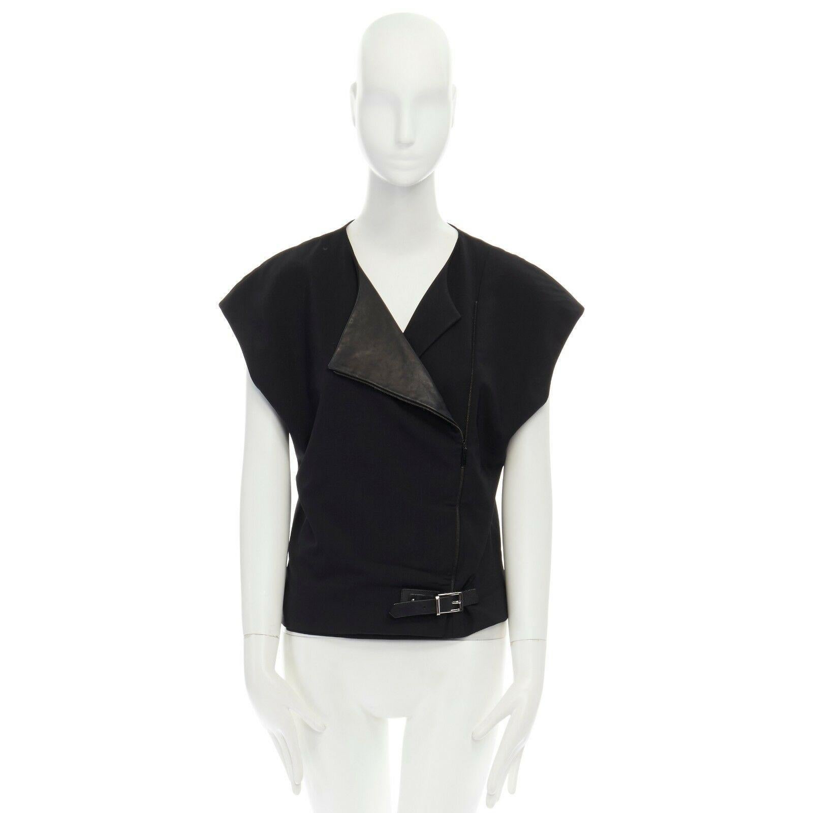 Black BARBARA BUI black wool asymmetric leather biker collar sleeveless boxy vest FR36