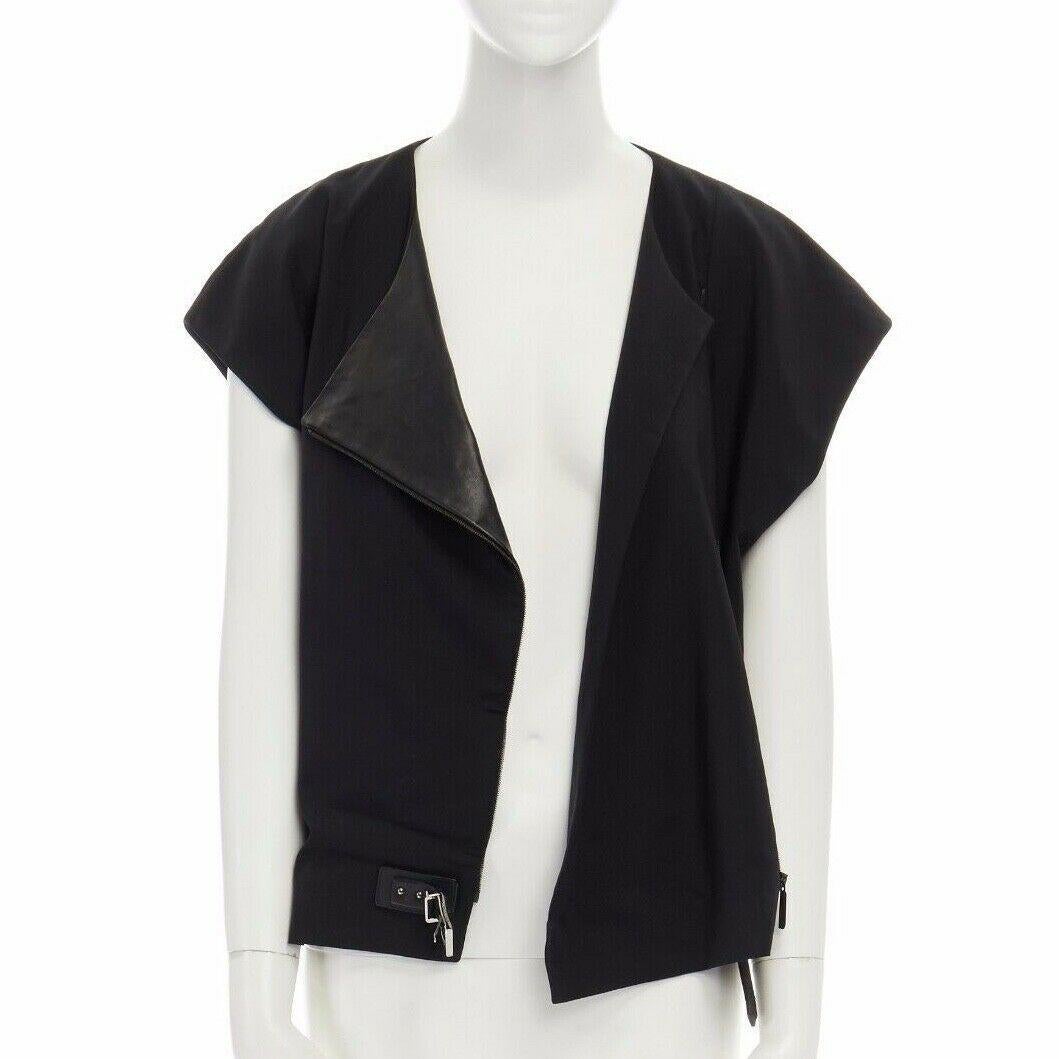 BARBARA BUI black wool asymmetric leather biker collar sleeveless boxy vest FR36 In Excellent Condition In Hong Kong, NT