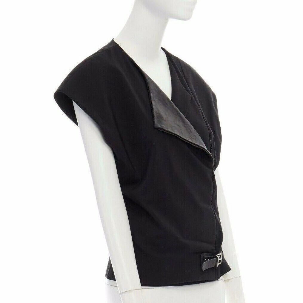 Women's BARBARA BUI black wool asymmetric leather biker collar sleeveless boxy vest FR36