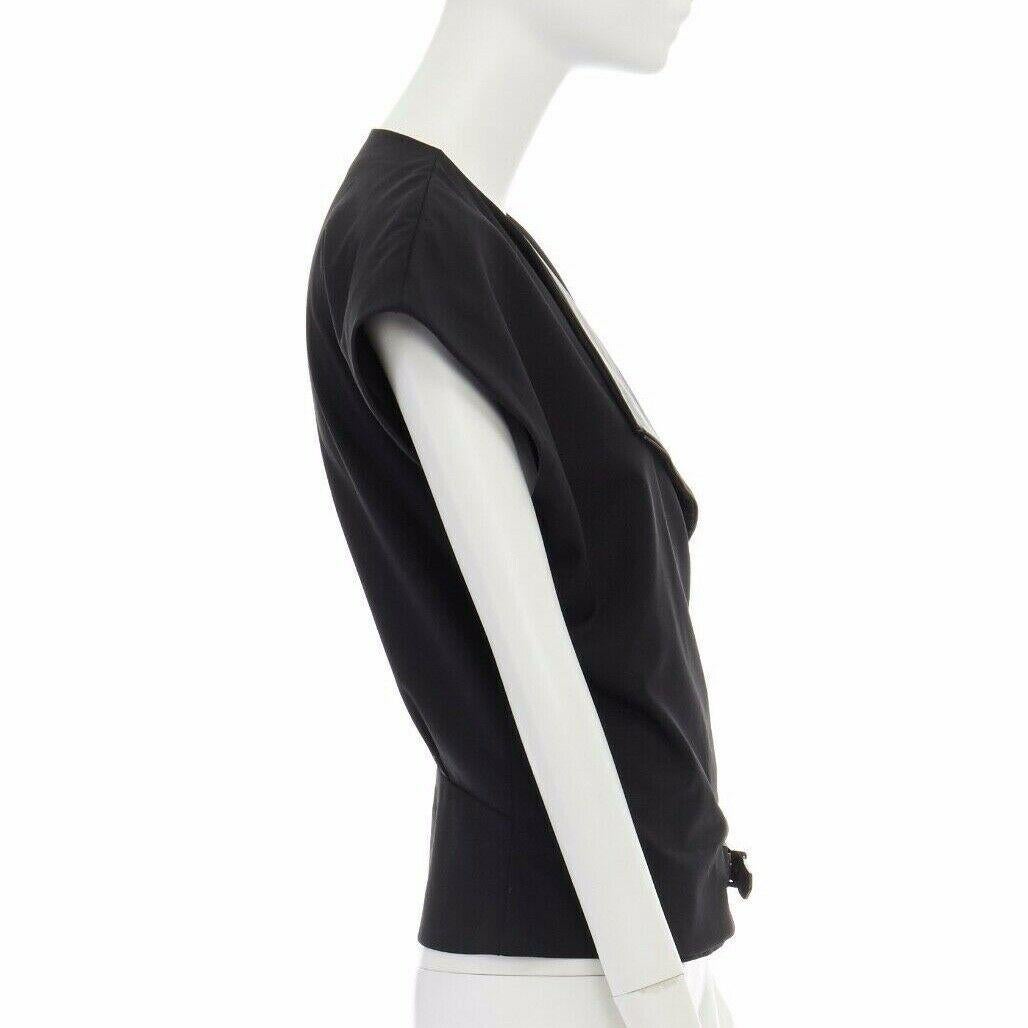 BARBARA BUI black wool asymmetric leather biker collar sleeveless boxy vest FR36 1