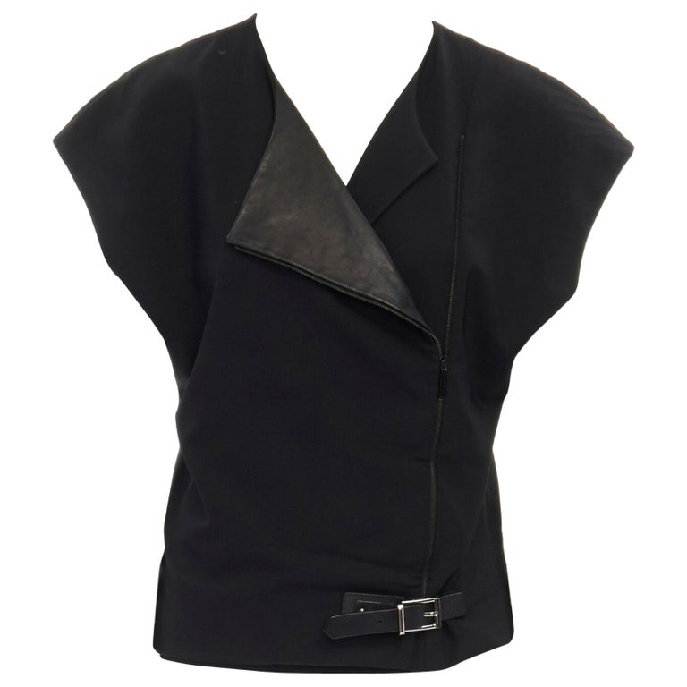 BARBARA BUI black wool asymmetric leather biker collar sleeveless boxy ...