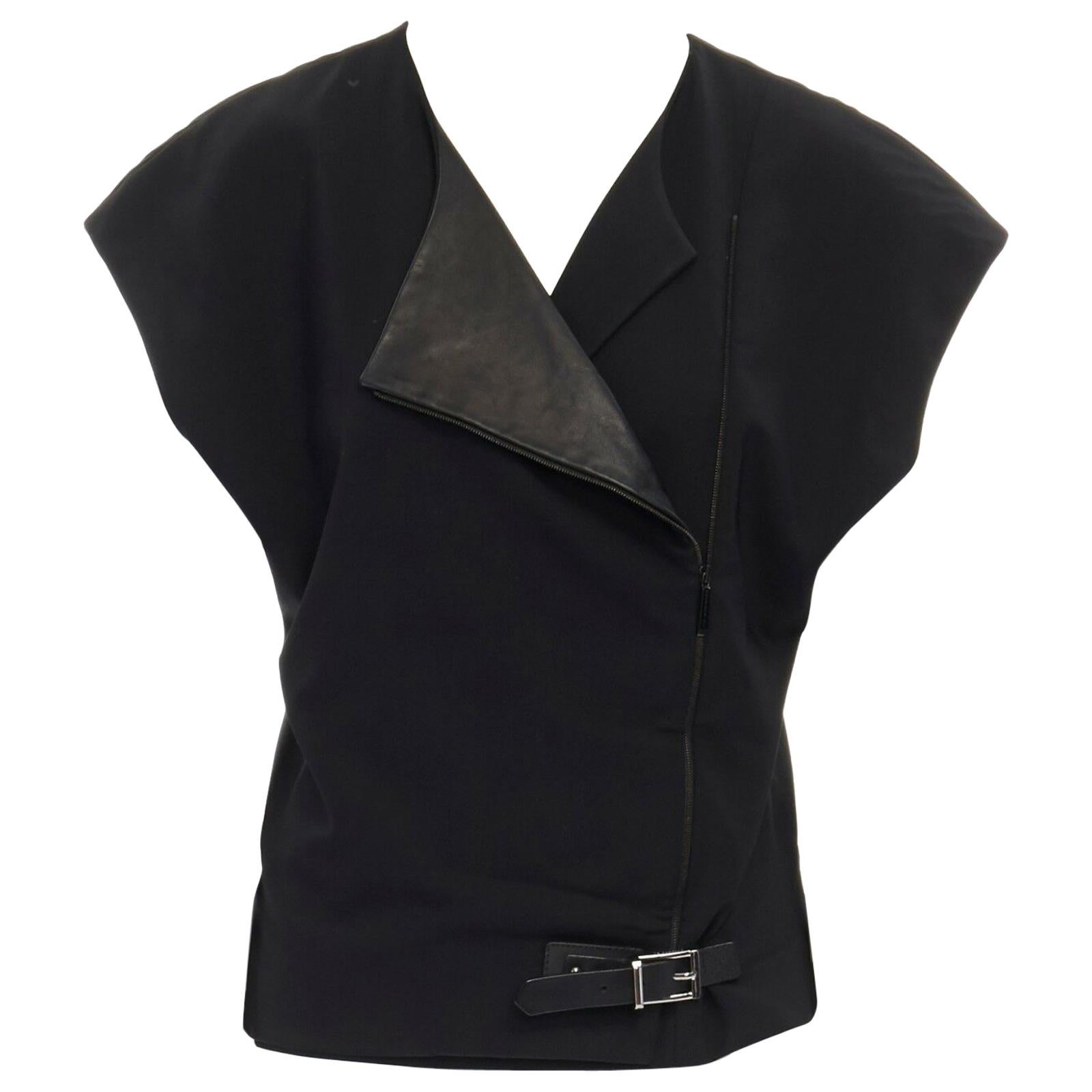 BARBARA BUI black wool asymmetric leather biker collar sleeveless boxy vest FR36
