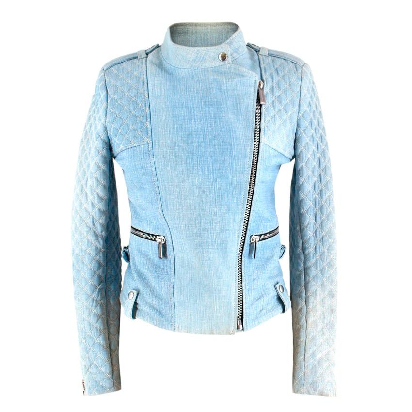 Barbara Bui Blue Leather Jacket

-Leather jacket coated to look like denim
-Quilted detailing on sleeves and shoulders
-Epaulettes
-Silver tone hardware
-Zip closure
-Zips on cuffs
-Two front pockets

Approx.
Measurements are taken laying flat, seam