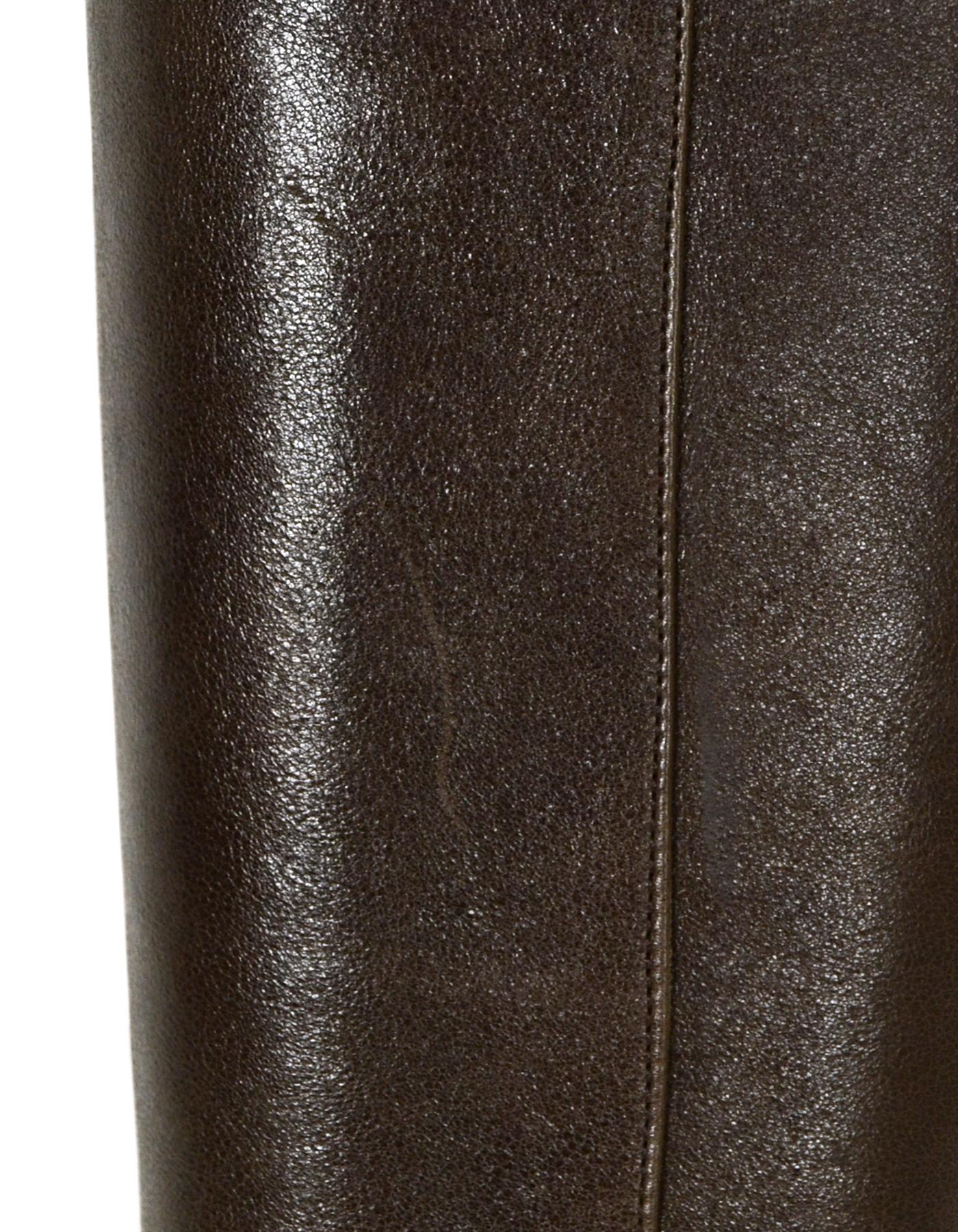 Black Barbara Bui Brown Leather Knee High Boots w/ Gold Chain & Heels sz 37