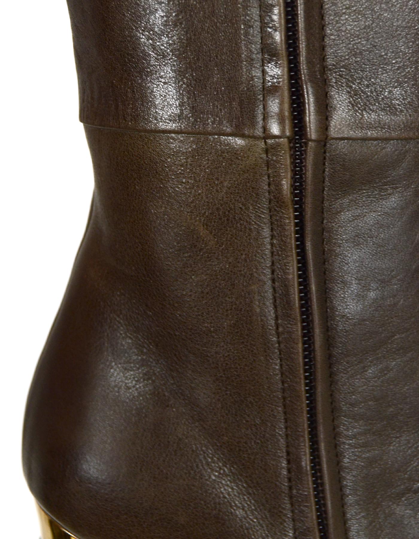 Women's Barbara Bui Brown Leather Knee High Boots w/ Gold Chain & Heels sz 37