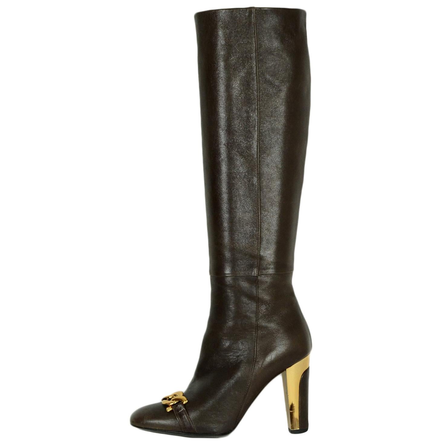 Barbara Bui Brown Leather Knee High Boots w/ Gold Chain & Heels sz 37