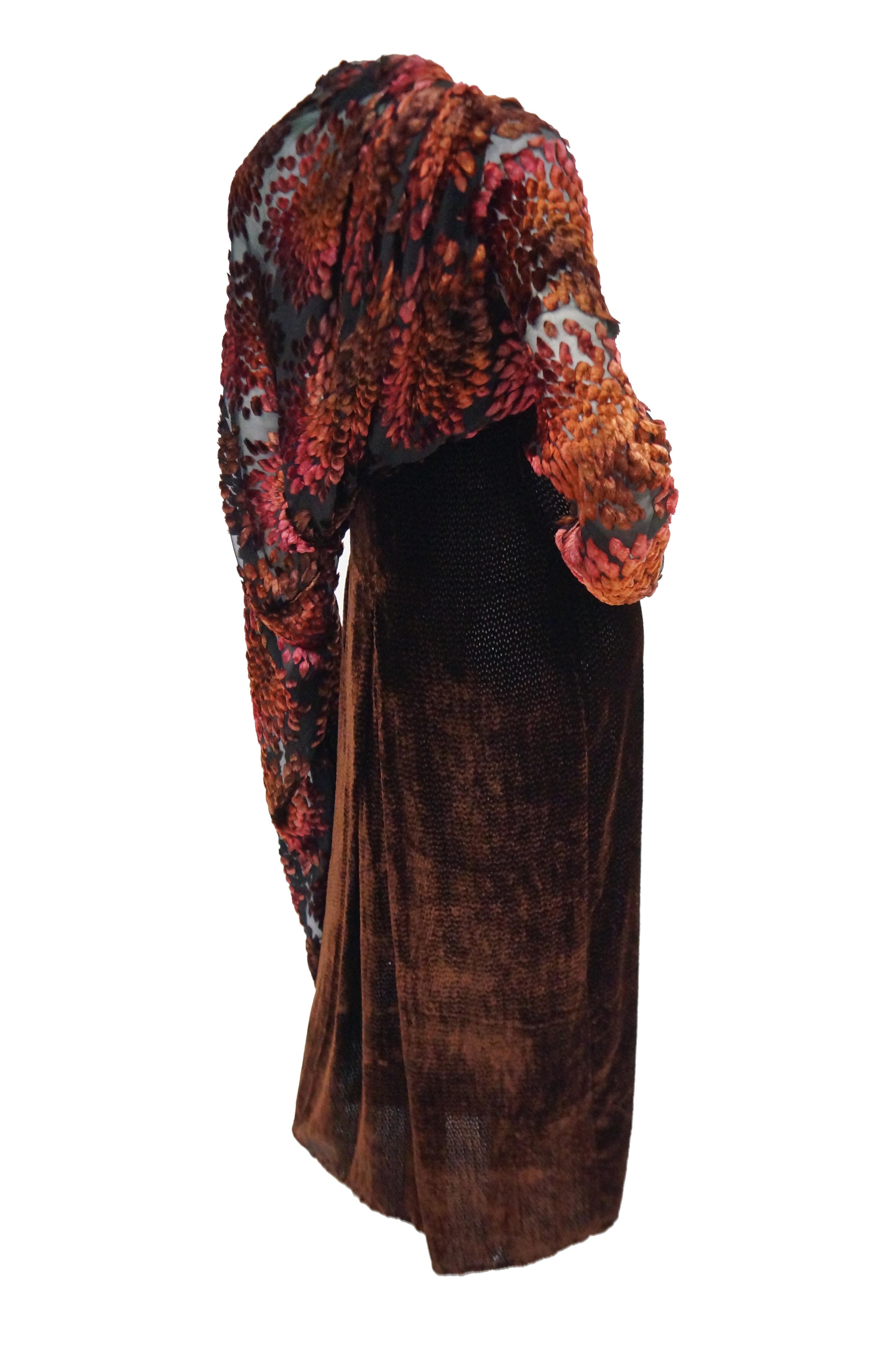 Black  Barbara Bui Devore Red and Ochre Velvet Evening Dress with Wrap Kimono S For Sale