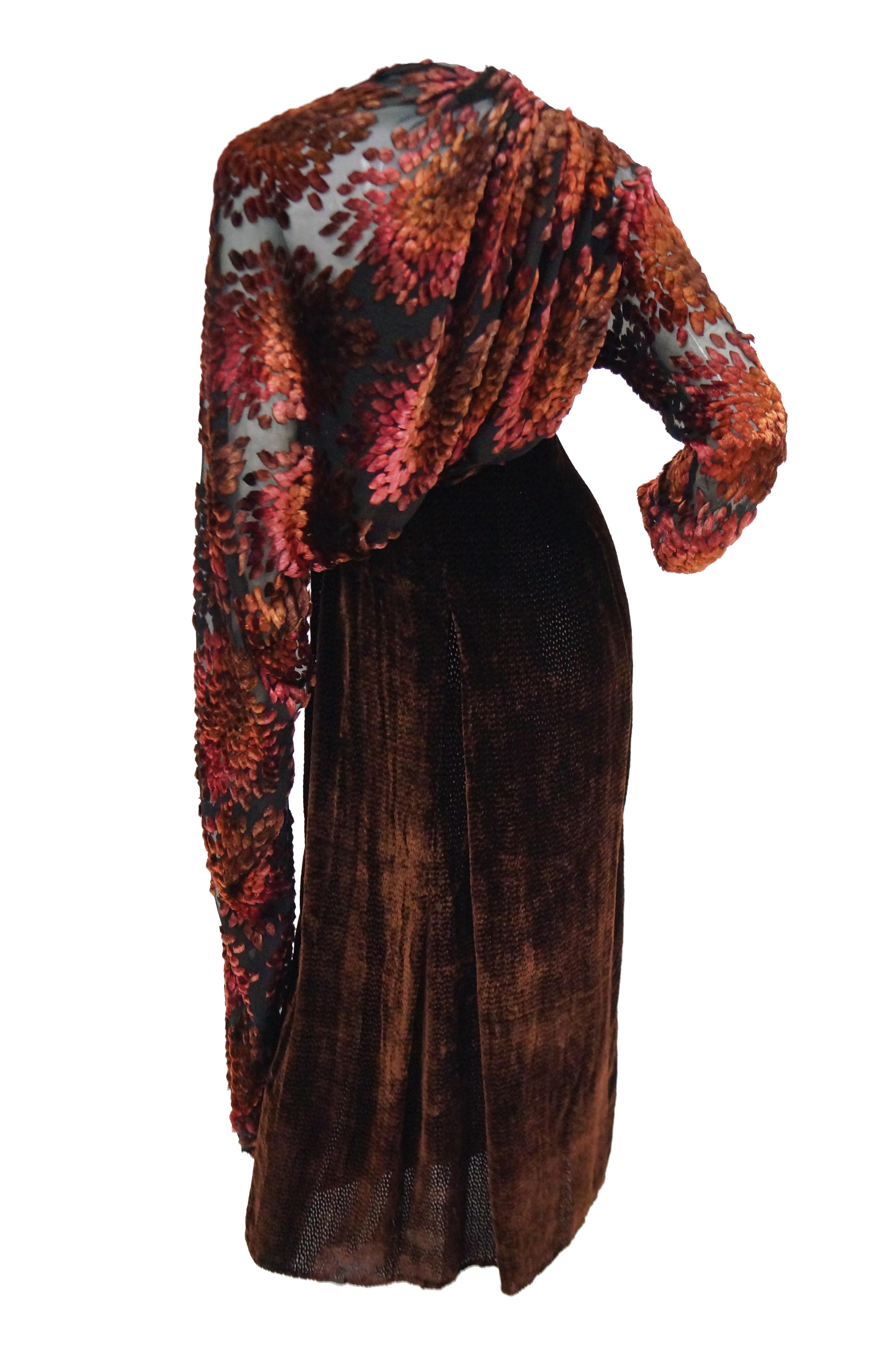  Barbara Bui Devore Red and Ochre Velvet Evening Dress with Wrap Kimono S In Excellent Condition For Sale In Houston, TX
