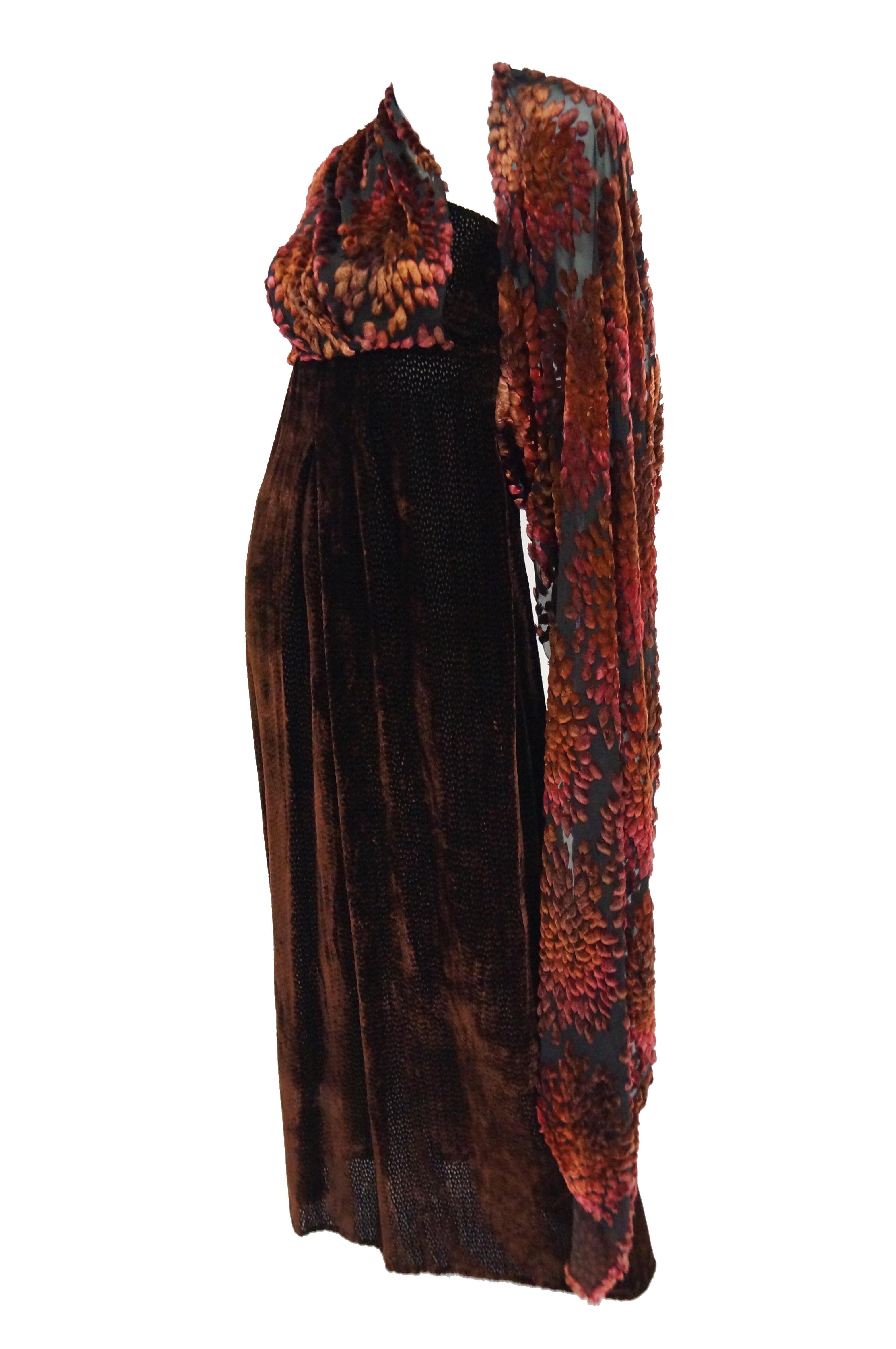 Women's  Barbara Bui Devore Red and Ochre Velvet Evening Dress with Wrap Kimono S For Sale