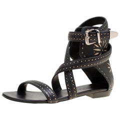 Barbara Bui Laser Cut Perforated Leather Ankle Cuff Strappy Flat Sandals Size 37