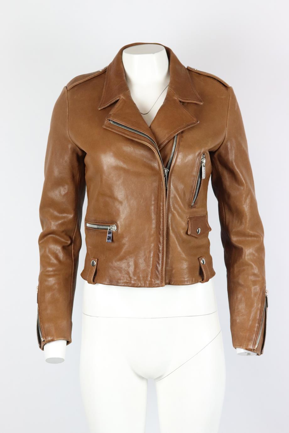 Barbara Bui leather biker jacket. Tan. Long sleeve, v-neck. Zip fastening at side. 100% Leather; lining: 100% acetate. Size: IT 40 (UK 8, US 4, FR 36) Shoulder to shoulder: 15.5 in. Bust: 35 in. Waist: 32 in. Hips: 32 in. Length: 21 in. New with