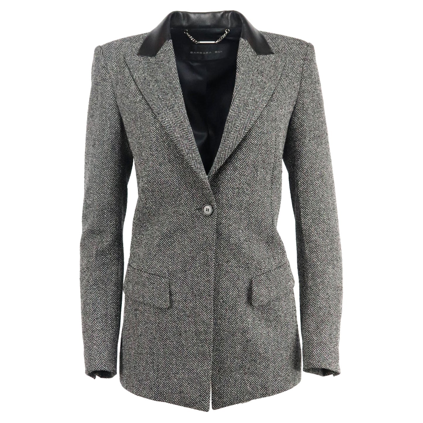 Barbara Bui Leather Trimmed Herringbone Wool Blend Blazer FR 40 UK 12