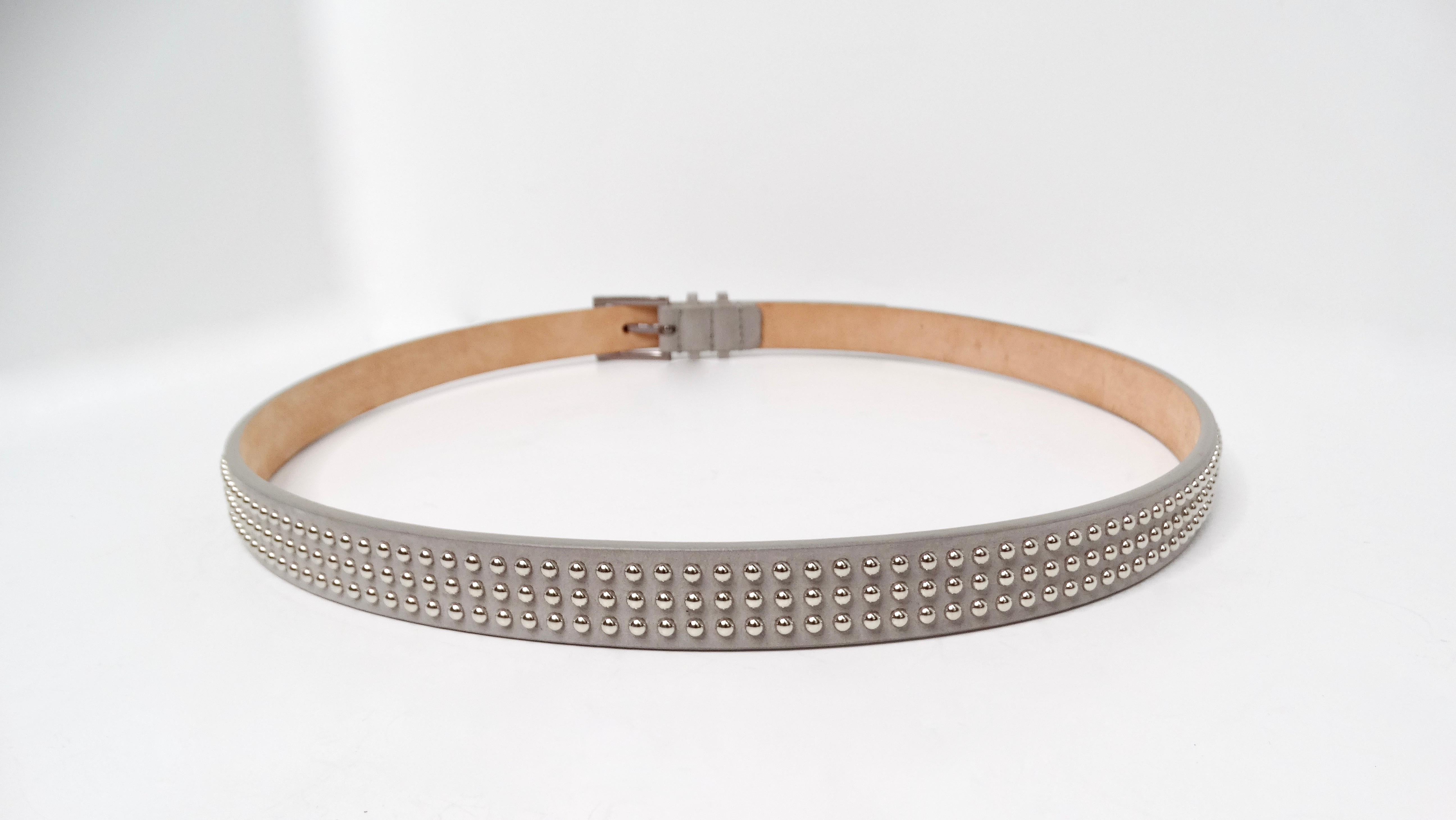 Marron Barbara Bui Skinny Grey Leather Suede Silver-Tone Studded Belt en vente