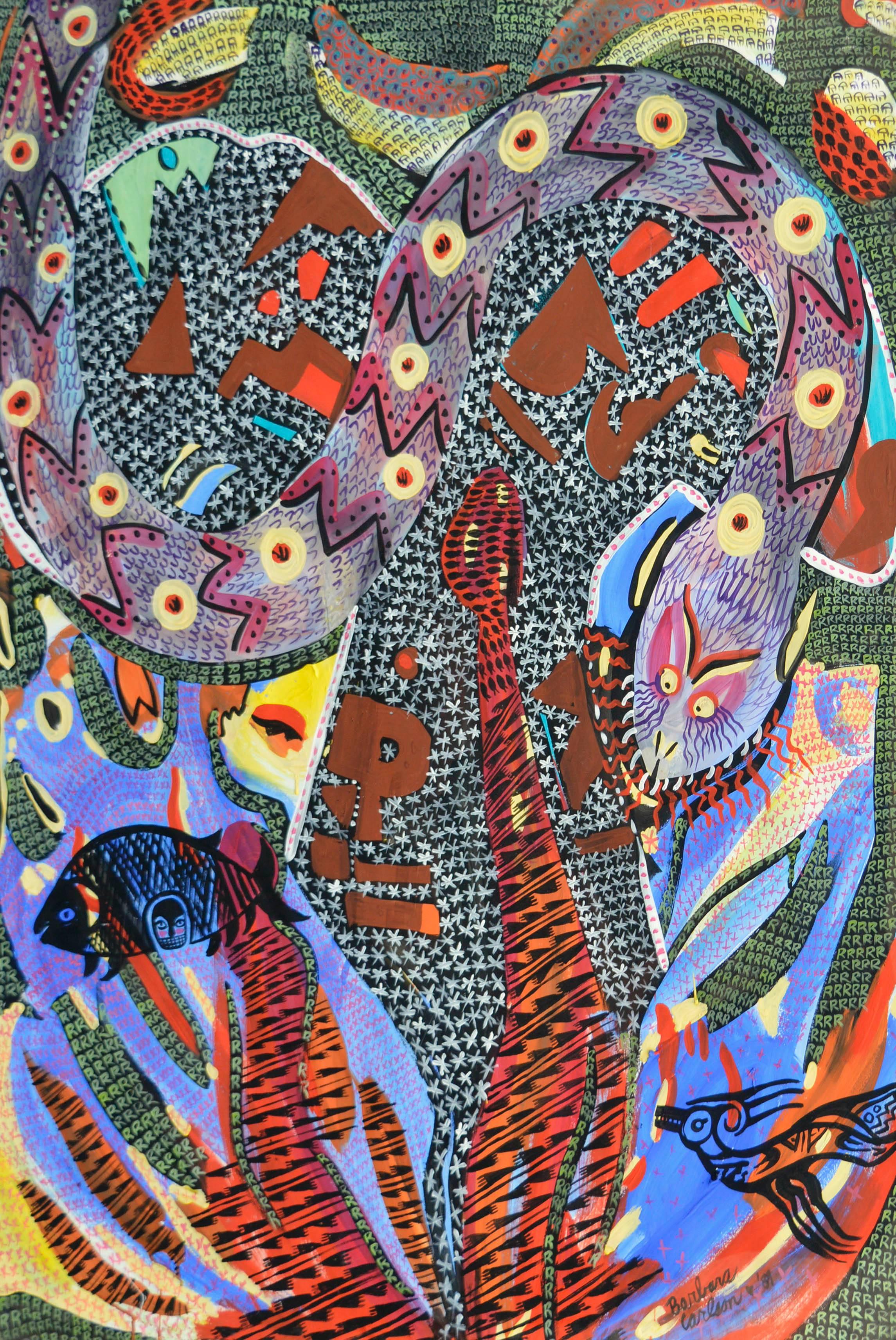 Snake, Large-Scale Visionary Abstract with Mystical Creatures by Barbara Carlson For Sale 1