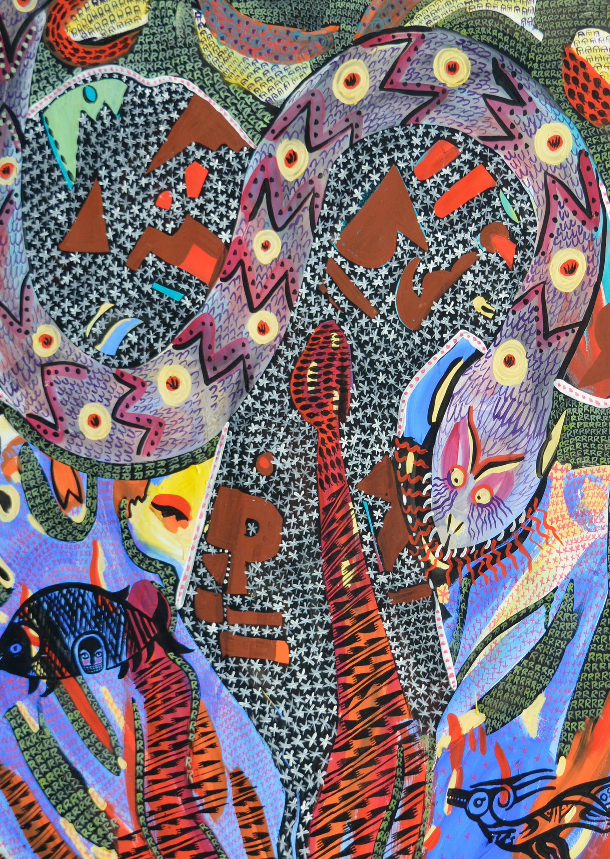 Snake, Large-Scale Visionary Abstract with Mystical Creatures by Barbara Carlson For Sale 2