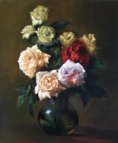 Italian Roses Still-life, Italian artist, Florence, Realism, Oil Painting.