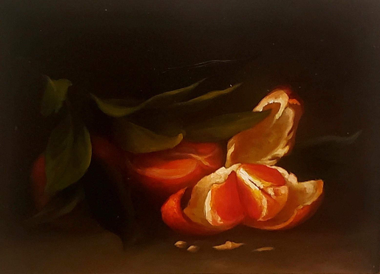 Peeled Orange, Still-life, Italian artist, Florence, Realism, Oil Painting. Frame - Black Still-Life Painting by Barbara Castrucci