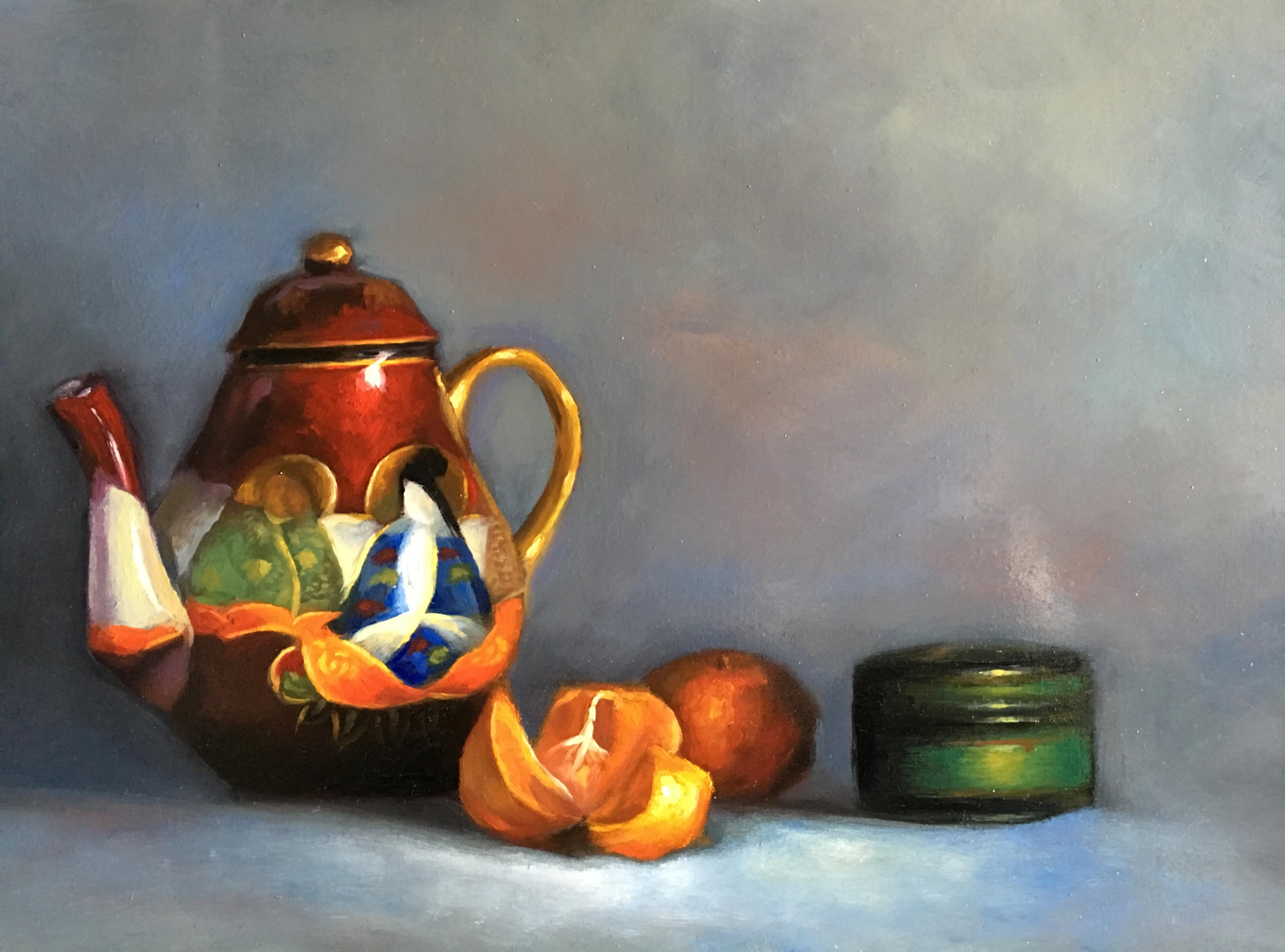 Red Pot, Still-life, Italian artist, Florence, Realism, Oil Painting. - Gray Still-Life Painting by Barbara Castrucci
