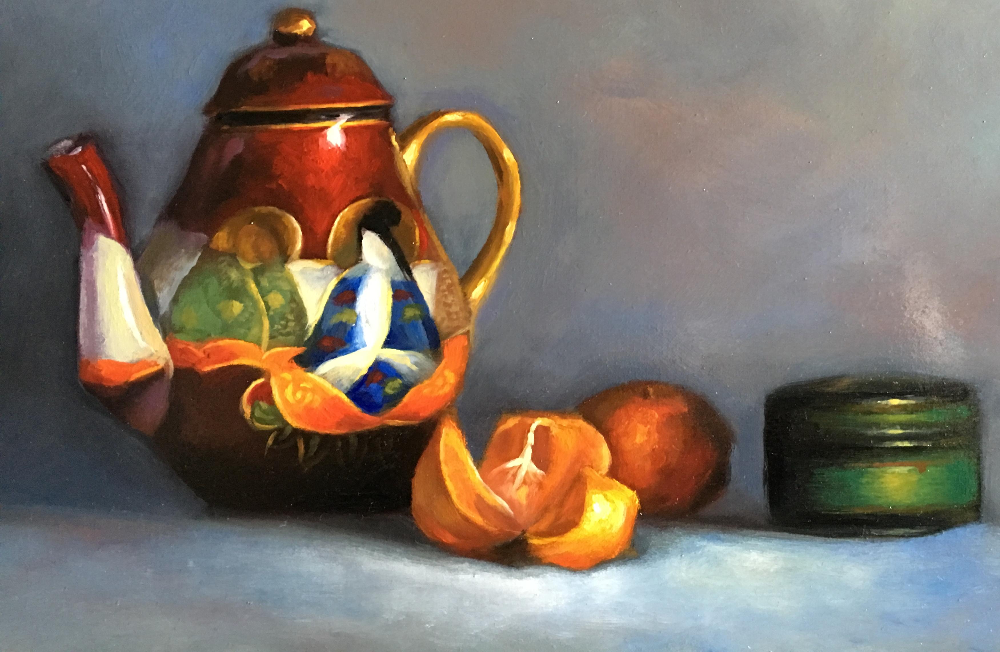Théière et oranges, Nature morte, Artiste italien, Florence, Réalisme, Peinture à l'huile. - Gris Still-Life Painting par Barbara Castrucci