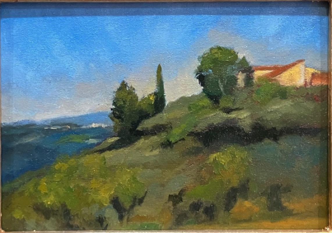 Ansicht des Monte Toskana Italienischer Landschaftsmaler in Florenz Öl auf Tafel Gerahmt – Painting von Barbara Castrucci