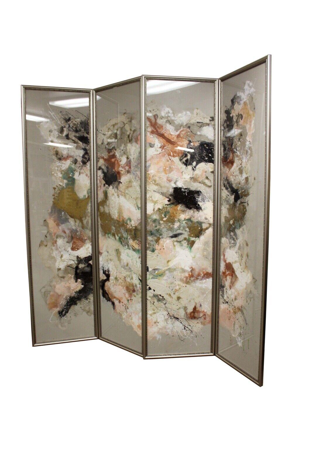 A unique contemporary 4 panel room divider hand-crafted by Michigan-based artist Barbara Coburn. Each panel is a one-of-a-kind painting abstract painting on paper that is framed under glass with a delicate metal frame. The subtle floral abstract