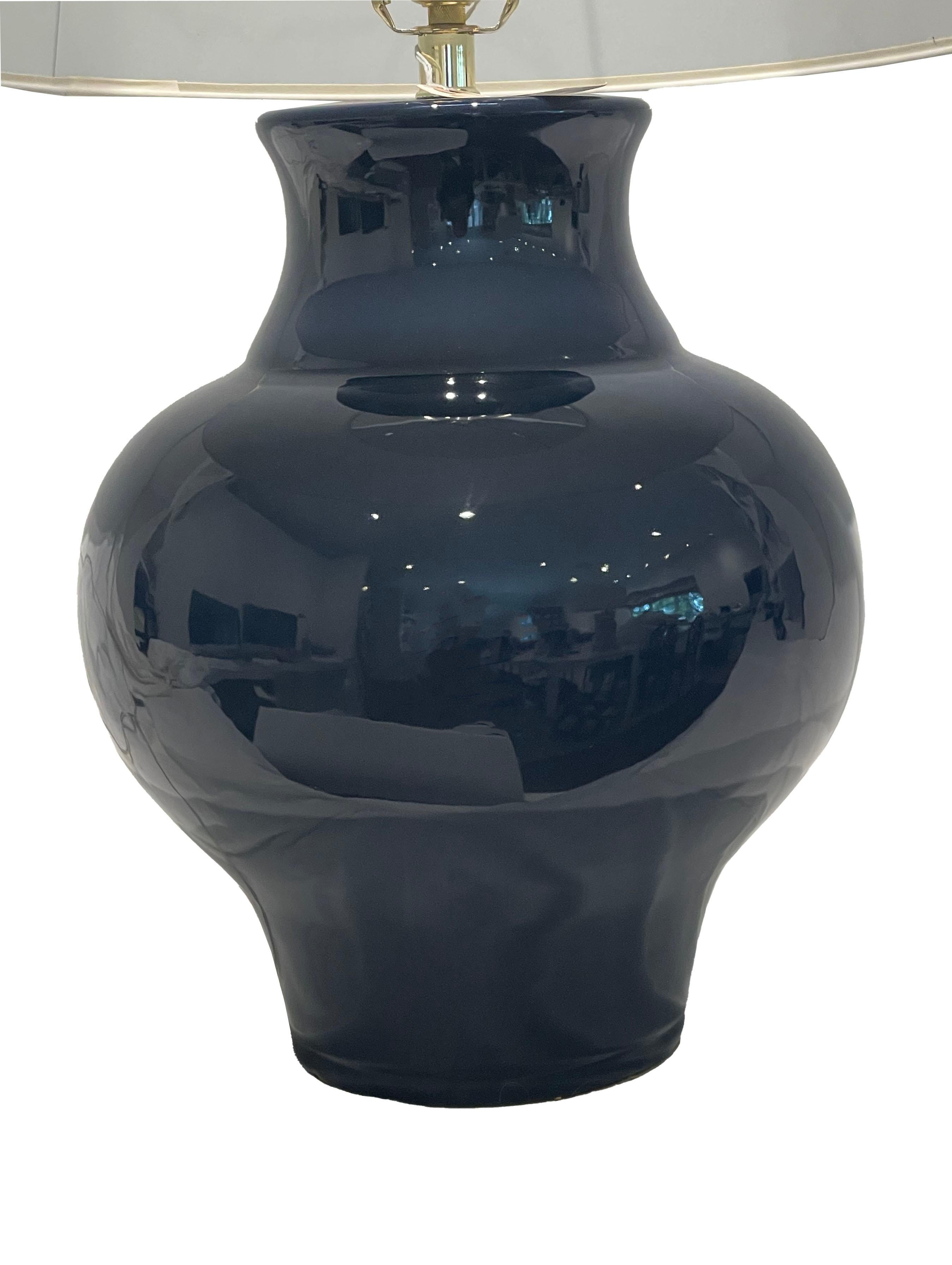 Modern Barbara Cosgrove Navy Blue Ceramic Lamps, a Pair