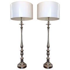 Barbara Cosgrove Nickel-Plated Floor Lamps with Shades, a Pair