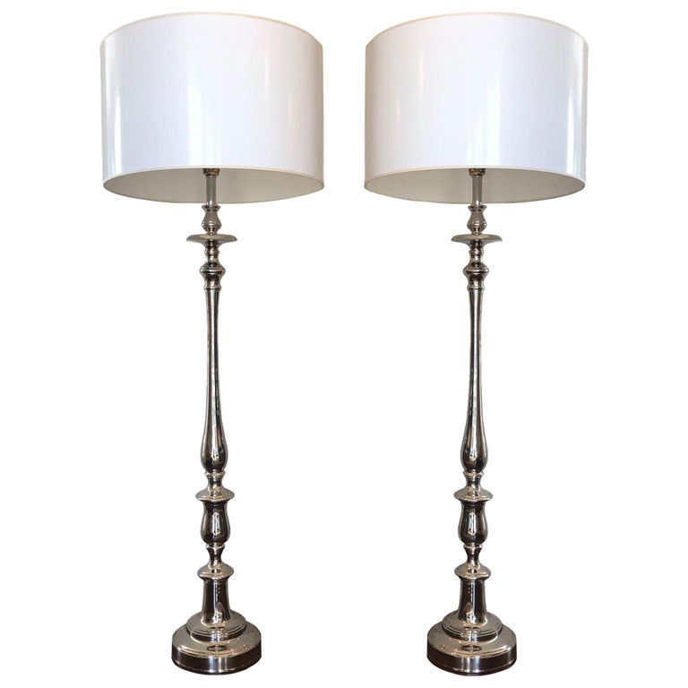 Barbara Cosgrove Nickel-Plated Floor Lamps with Shades, a Pair at 1stDibs