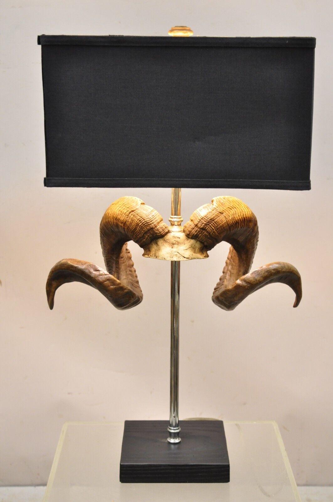 Barbara Cosgrove Ram Horn Modern Decorator Table Lamp. Item feature the original shade, cast resin rams horns, black wooden base, very nice item, great style and form, circa Late 20th - Early 21st Century .Measurements: 29