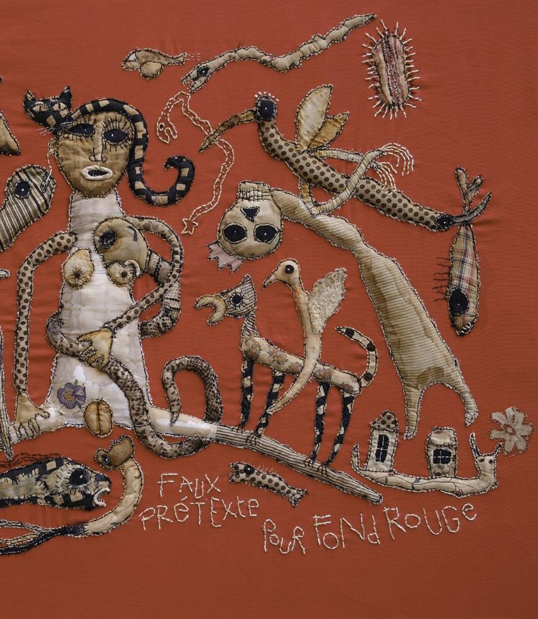 Falso pretexto sobre fondo rojo Barbara d'Antuono Arte textil contemporáneo Haití en venta 2