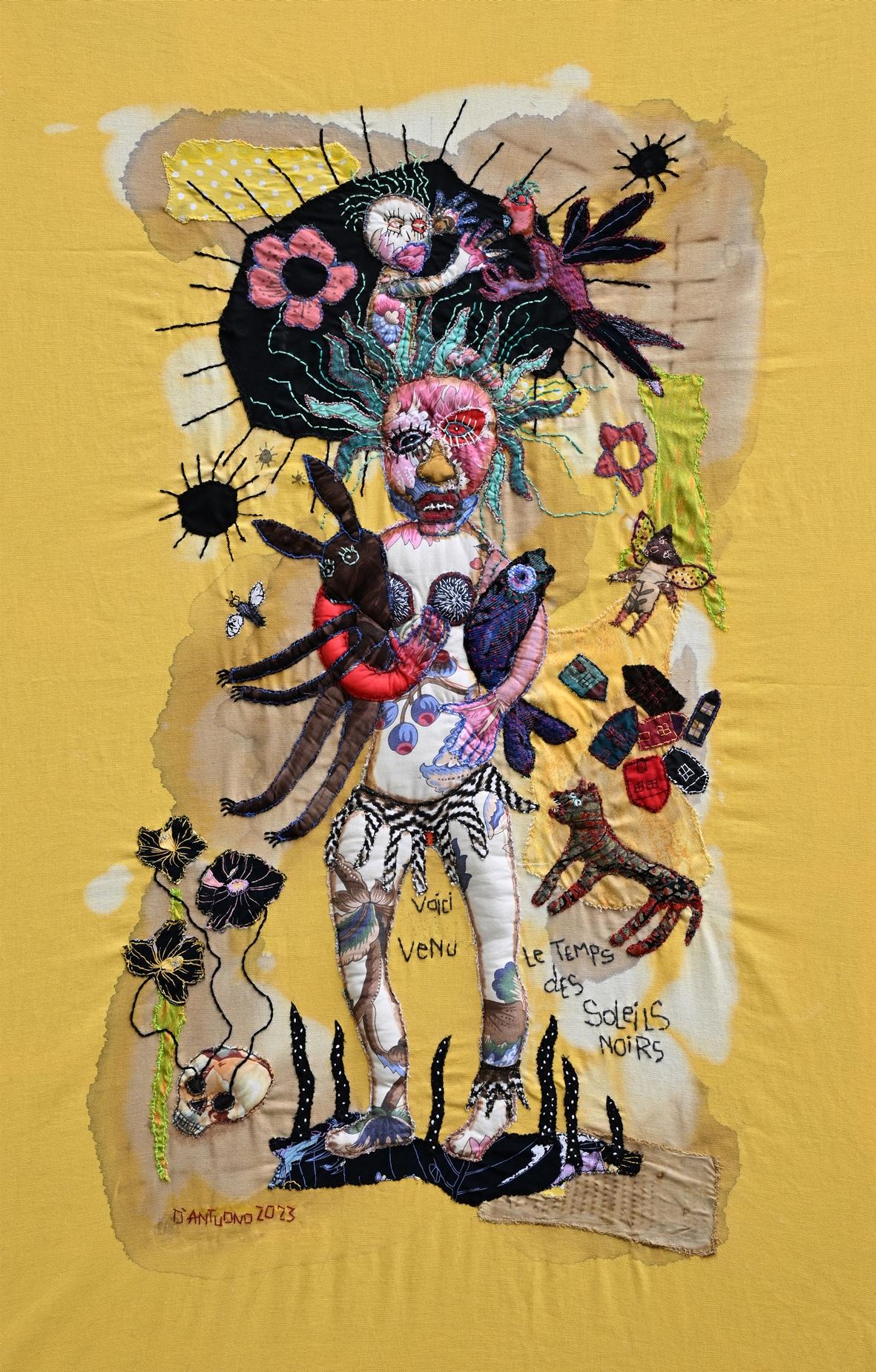 Textile painting hand-embroidered
Unique work
Hand-signed and dated lower left by the artist

“I sew like some people recite mantras. I don't decide anything in advance. Images emerge, without any particular coherence with each other, but they are