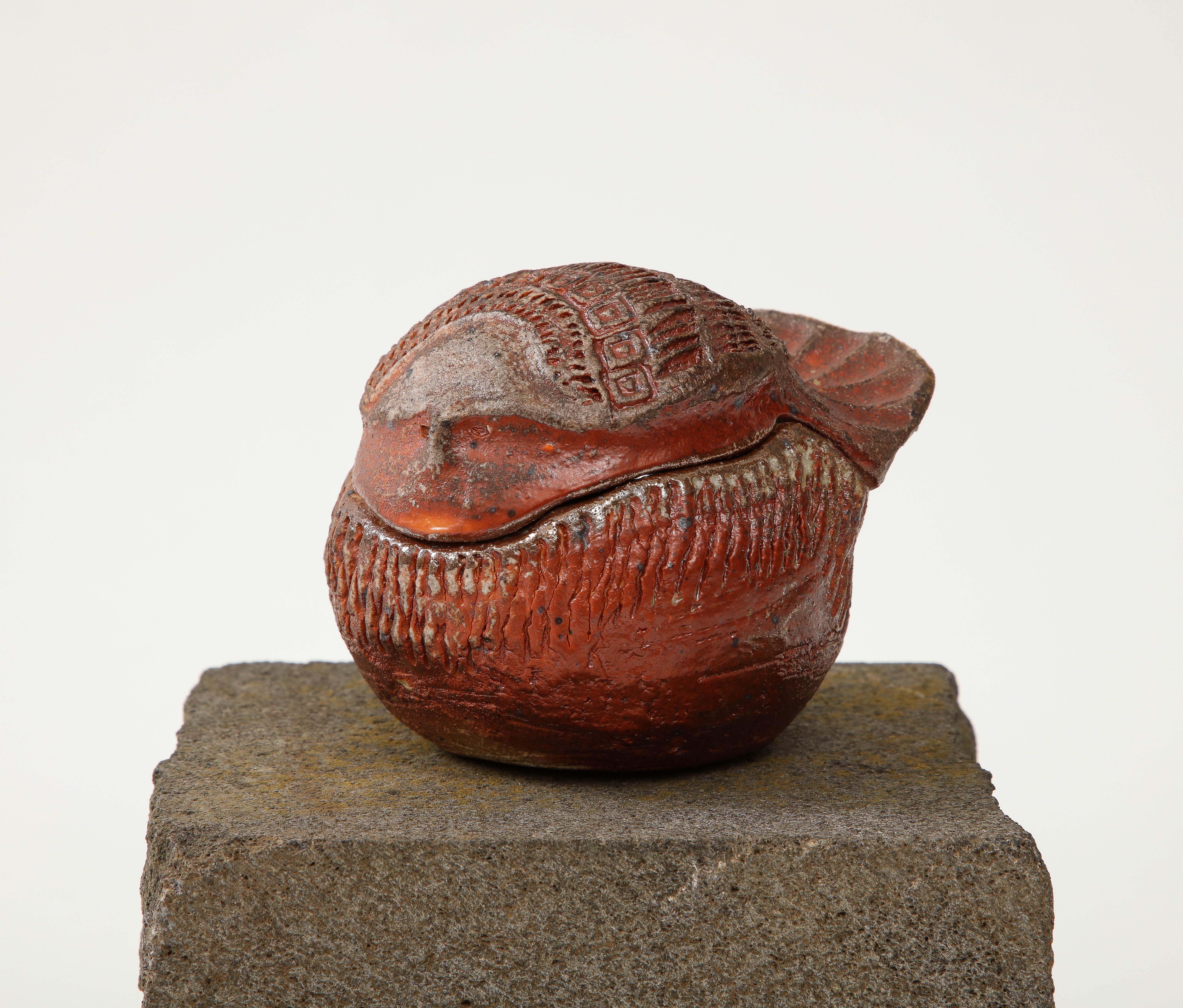 Glazed Barbara Delfosse French Incised Ceramic Bird Box, circa 1950-1960