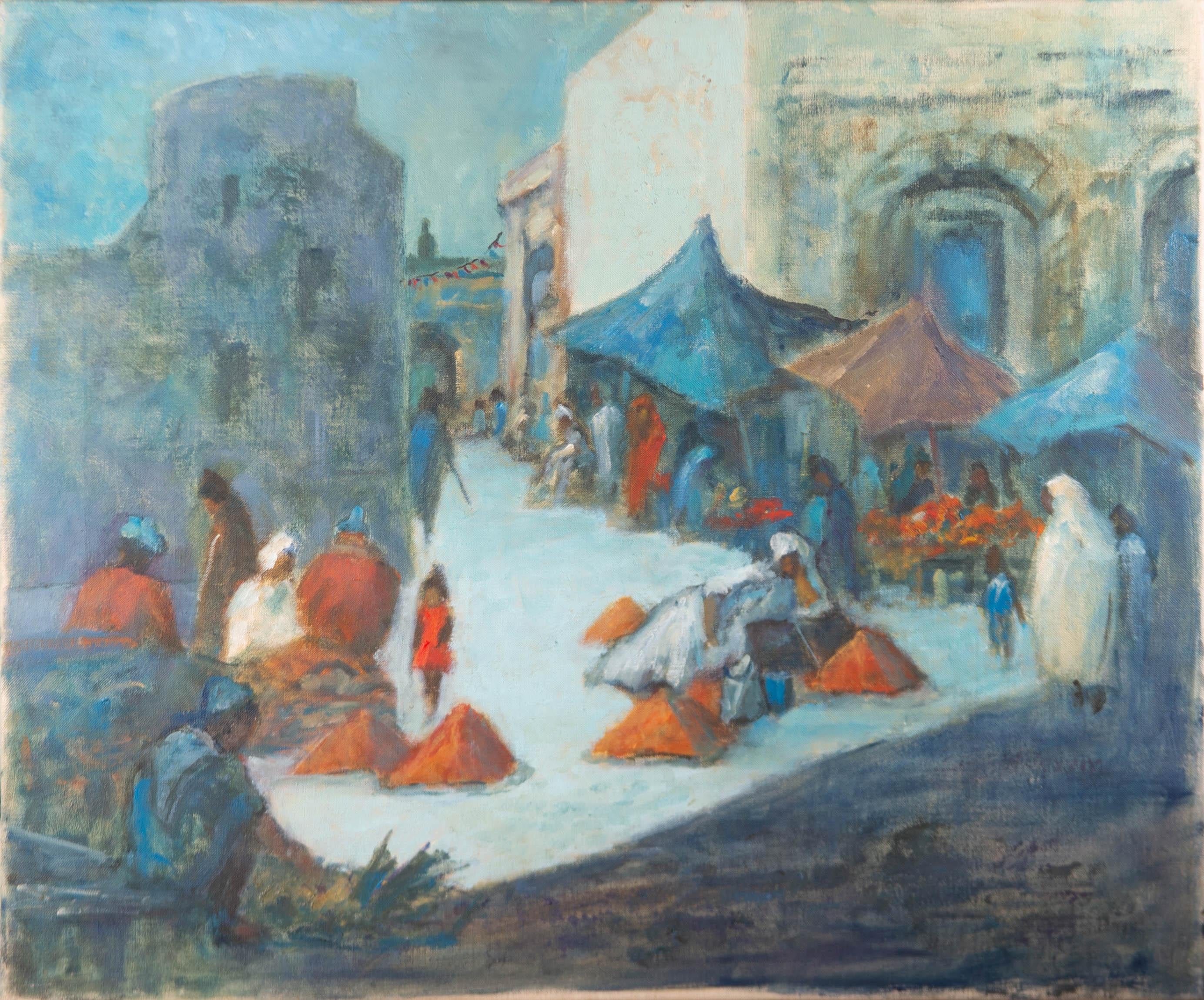 Barbara Doyle (b.1917) - 20th Century Oil, Market Scene in Blue For Sale 1