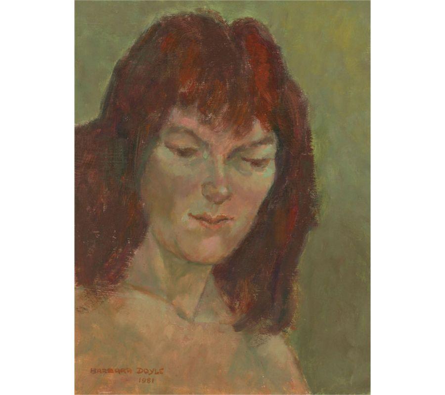 A pensive portrait of a young female nude. The artist has signed and dated to the lower left corner. There is a label at the reverse with the title, the artist's name and address.
