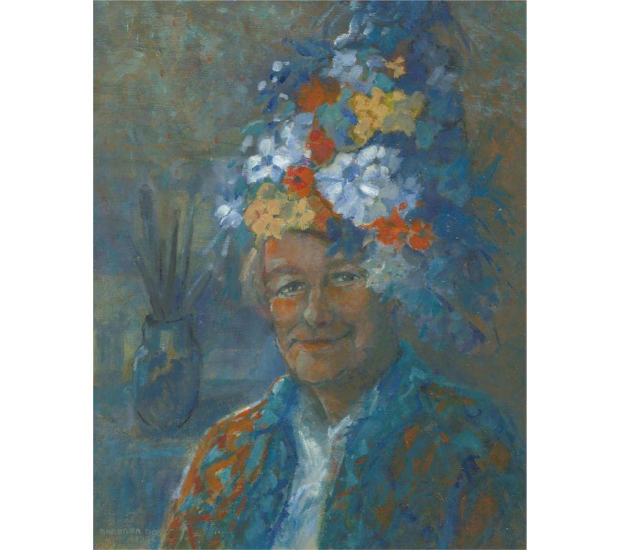 A portrait of a jolly woman with a flamboyant floral headdress. The artist has used a blue palette that makes the areas of yellow and red used for the jacket and headdress stand out against the other muted tones. The artist has signed and dated to