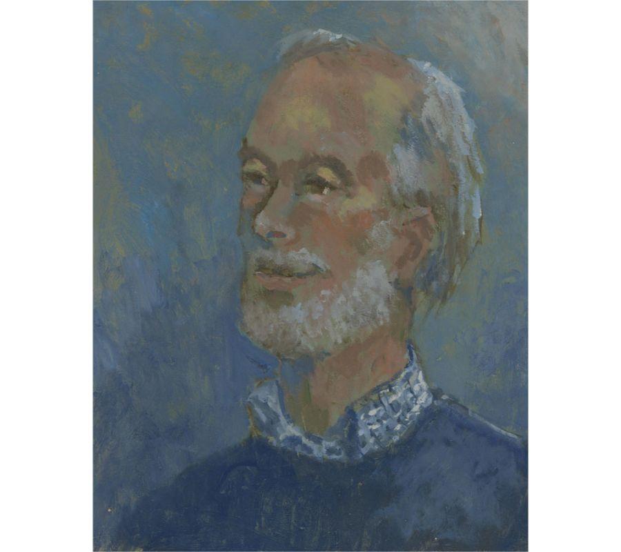 A fun portrait in oil showing a jolly man with an earnest smile in a blue hued palette. The painting has been signed at the reverse and is on wooden panel. On wood panel.
