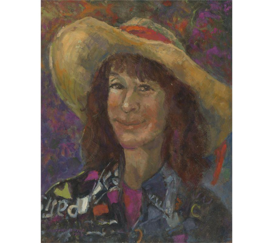 A vibrant portrait of a smiling woman wearing a wide brimmed summer hat and a loud, unusually patterned 80s shirt. The painting is unsigned, on board. On board.
