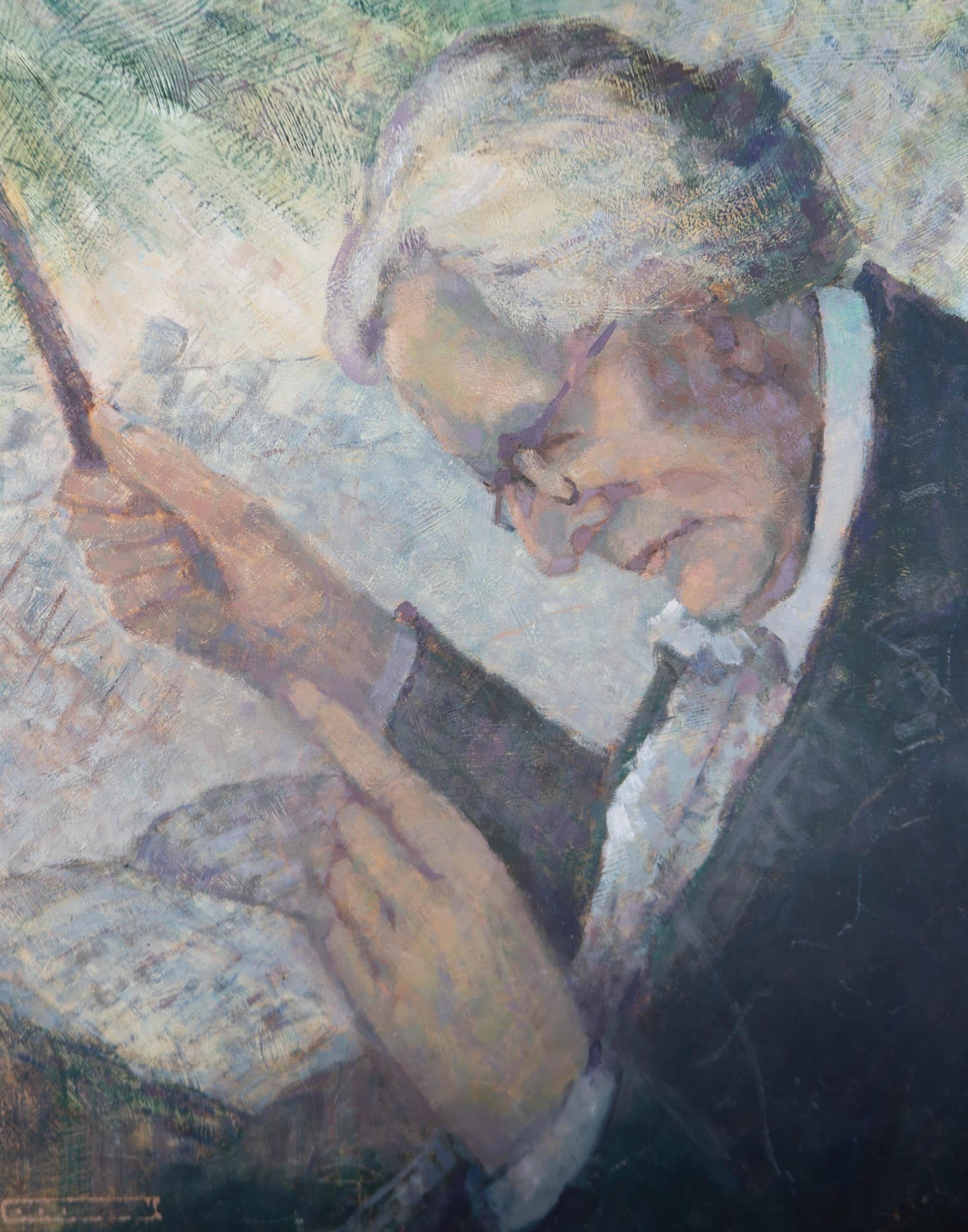 A fine portrait of the Polish conductor , Otto Klemperer, showing him deeply involved in the music and the action of conducting an orchestra. There is a label at the reverse with the artist's name and address and the title of the painting. On board.