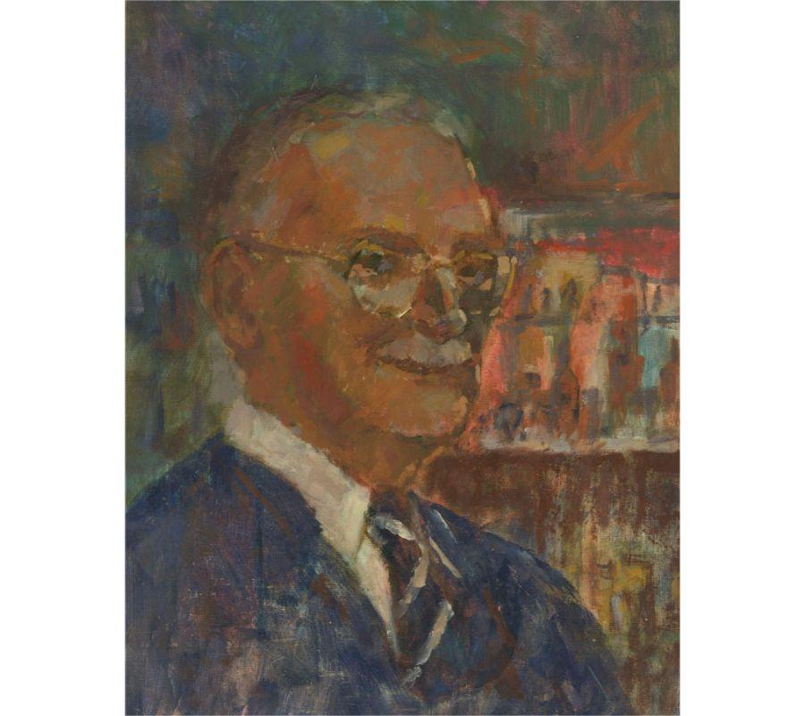 A fine oil portrait of an older man with glasses in smart attire. There is a loosely painted still life at the reverse of the board. Both paintings are unsigned. On board.
