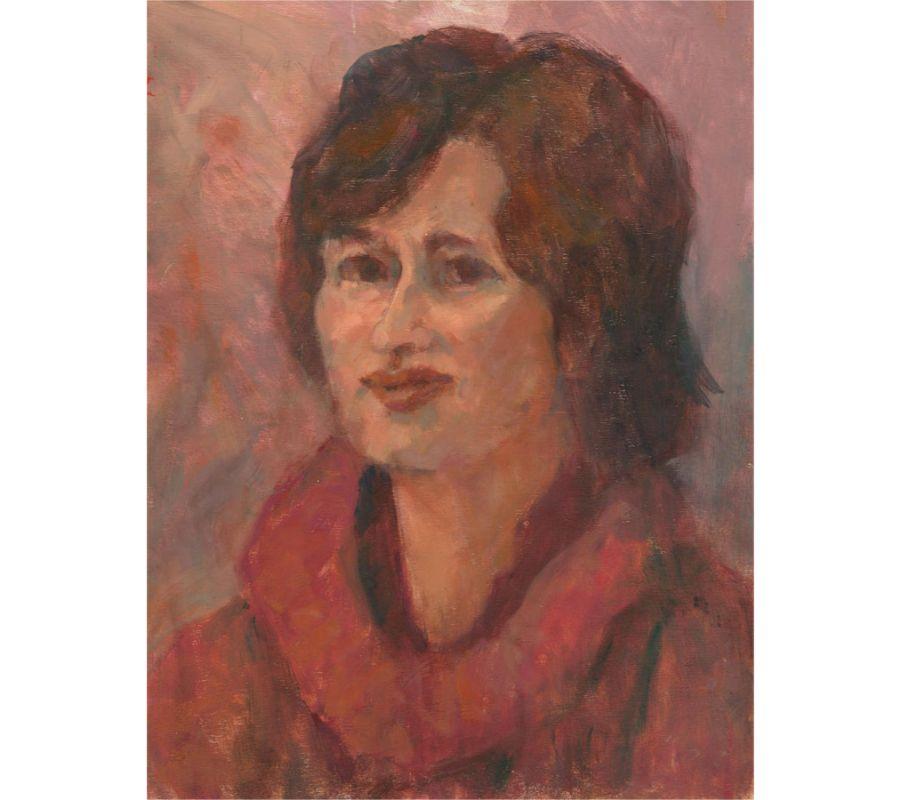 A fine oil portrait on wooden panel showing a woman in a pinky purple jumper. The painting has been executed in a puce palette and is unsigned. On wood panel.
