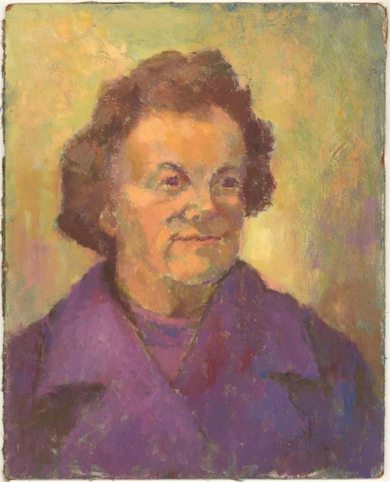 A colorful portrait of a kindly looking woman in a purple, double breasted coat on a yellow ground. There is a second portrait on the reverse of the board, showing a matronly woman in a white linen cap. Both paintings are unsigned on board.

On