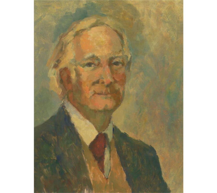A fine oil portrait of a smiling gentleman in a smart jacket, shirt and tie. The painting is unsigned, on board. On board.
