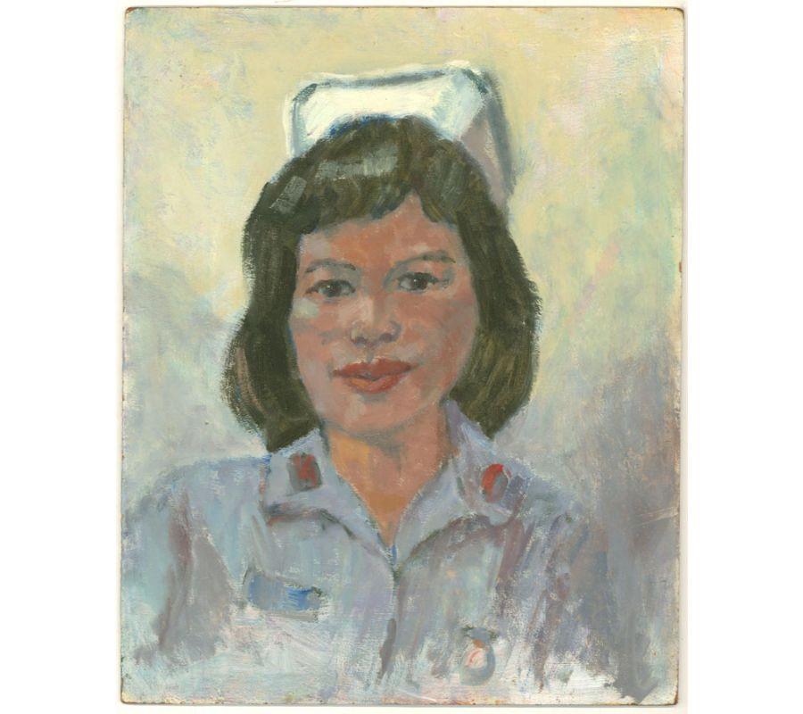 A fine portrait in oil, showing a woman in a nurse's uniform, with a kindly smile. The artist has signed to the reverse and there is a label at the reverse with the artist's name and address. On board.
