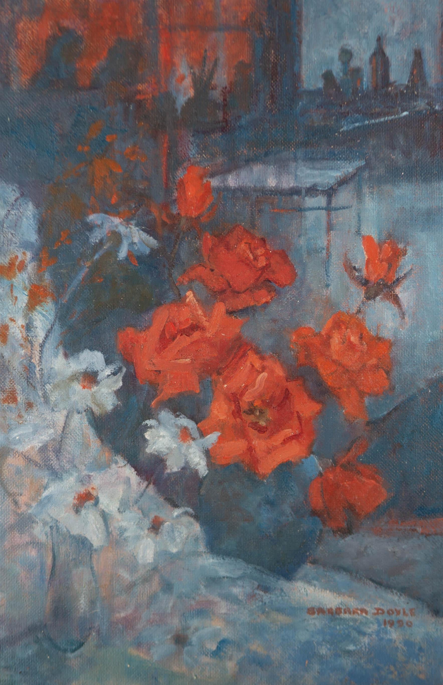 An interior scene with red roses filling the foreground. The painting has been signed and dated in the lower right corner and there is a label at the reverse with the artist's name, address and the painting's title.
