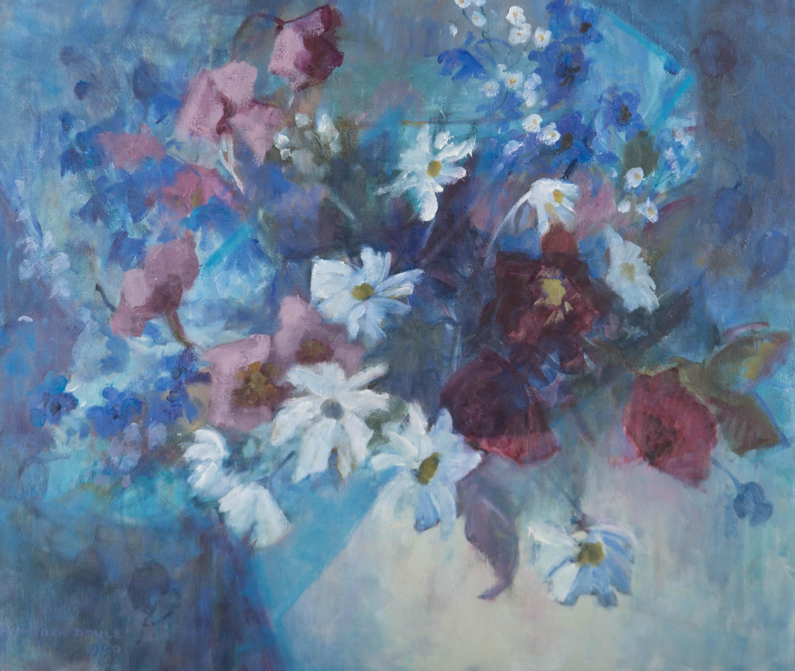 An expressive oil painting by the artist Barbara Doyle, depicting a floral still life in blue. Signed and dated to the lower left-hand corner. There is a 'Mall Galleries' label on the reverse inscribed with the title. Well-presented in a distressed,